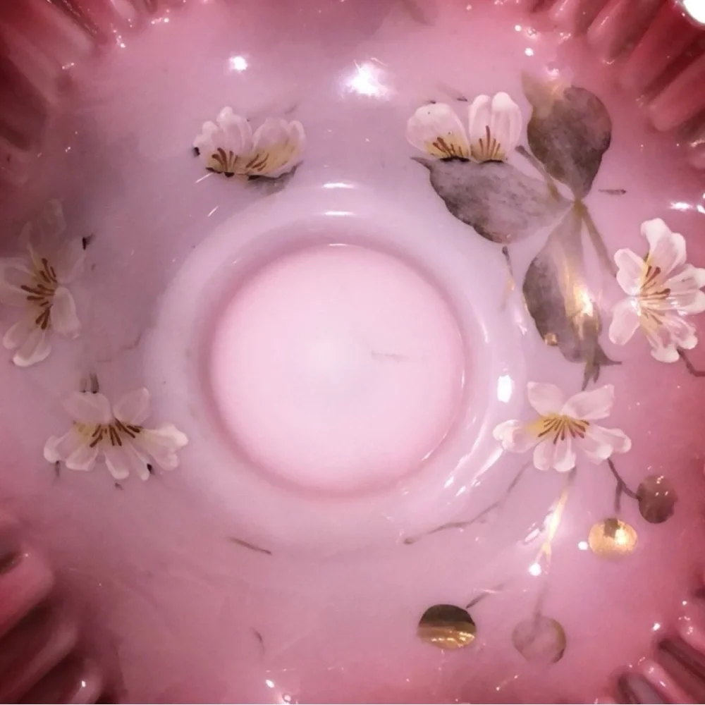 Antique Victorian Hand Painted Pink Ruffled Rim Brides Bowl 10”
